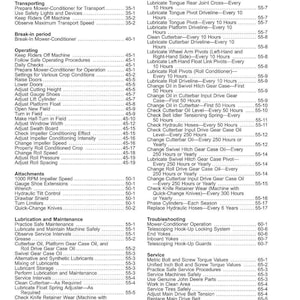 May include: A detailed table of contents from a manual, listing sections on mower-conditioner operation, maintenance, and troubleshooting. Includes lubrication schedules, service intervals, and adjustment procedures.