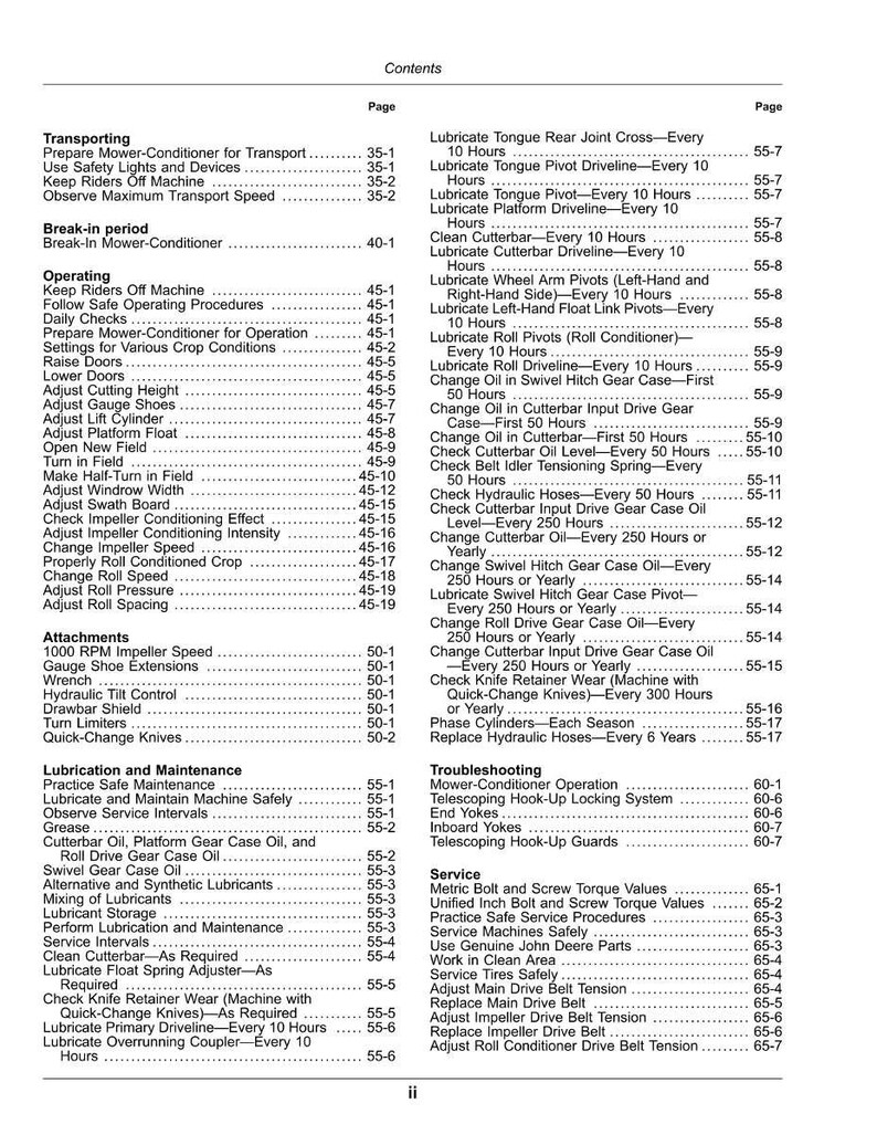 May include: A detailed table of contents from a manual, listing sections on mower-conditioner operation, maintenance, and troubleshooting. Includes lubrication schedules, service intervals, and adjustment procedures.