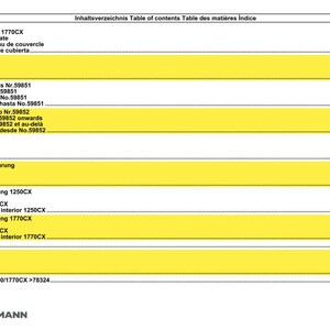 May include: A page from a catalog with a table of contents in multiple languages, including English, German, French, and Spanish. The text is in black font on a white background, with yellow highlighted sections. The Weidemann logo is at the bottom.