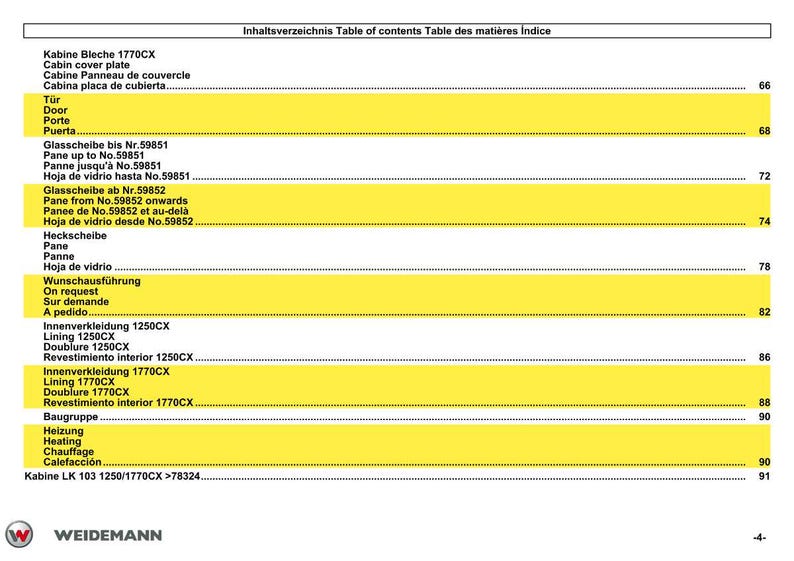 May include: A page from a catalog with a table of contents in multiple languages, including English, German, French, and Spanish. The text is in black font on a white background, with yellow highlighted sections. The Weidemann logo is at the bottom.