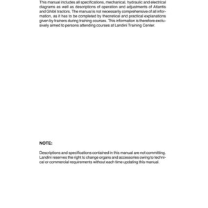 May include: A white manual with black text. The text includes the title "PREFACE" and details about specifications, diagrams, and descriptions of Atlantis and Ghibli tractors. The manual is for Landini Training Center courses.