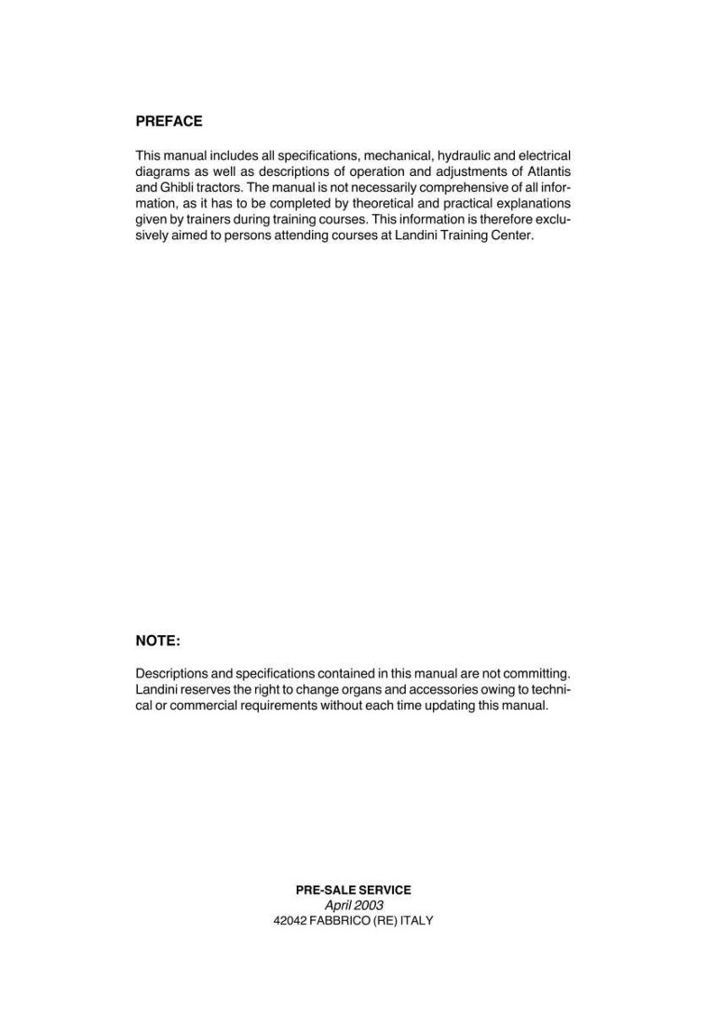 May include: A white manual with black text. The text includes the title "PREFACE" and details about specifications, diagrams, and descriptions of Atlantis and Ghibli tractors. The manual is for Landini Training Center courses.