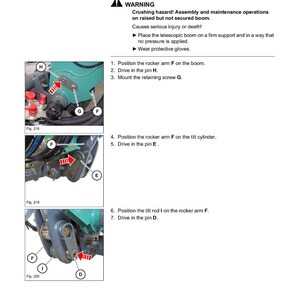 May include: A technical diagram from Wacker Neuson, detailing the installation of a tilt rod and rocker arm. The document includes diagrams, part labels, and safety warnings about crushing hazards. The text provides step-by-step instructions for assembly.
