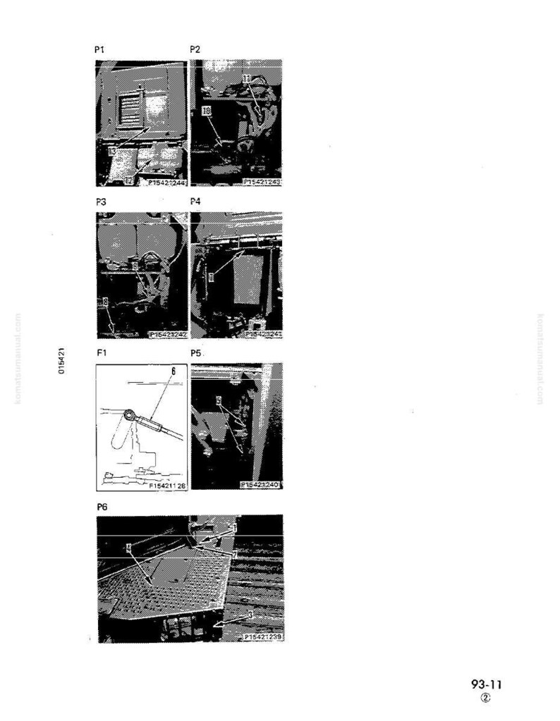May include: A technical diagram with multiple panels labeled P1 through P6, and F1. The panels show detailed mechanical components, with labels and part numbers. The image is in black and white.