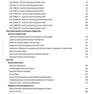 May include: A white page featuring a detailed table of contents, listing diagnostic trouble codes, electronic control units, and electrical system information. The text includes headings and page numbers.