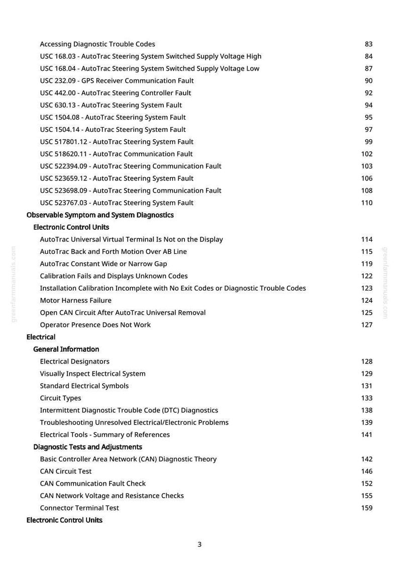 May include: A white page featuring a detailed table of contents, listing diagnostic trouble codes, electronic control units, and electrical system information. The text includes headings and page numbers.