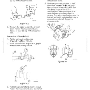 May include: Diagrams and illustrations from a manual detailing engine inspection procedures. Includes figures for measuring tappet stems, crankshafts, and related components. Text includes instructions for measuring and inspecting engine parts.