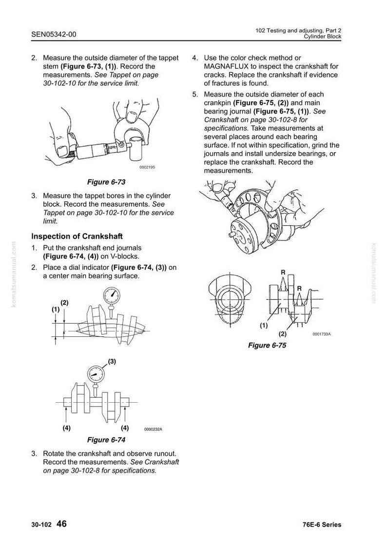 May include: Diagrams and illustrations from a manual detailing engine inspection procedures. Includes figures for measuring tappet stems, crankshafts, and related components. Text includes instructions for measuring and inspecting engine parts.