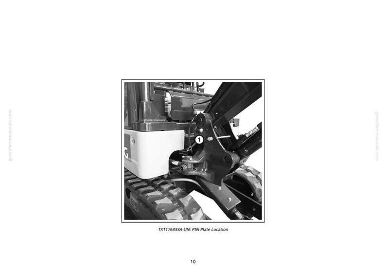 May include: Black and white image of a section of heavy machinery. The image shows a close-up of the pin plate location, with the number 1 visible. The text "TX1176333A-UN: PIN Plate Location" is also present.