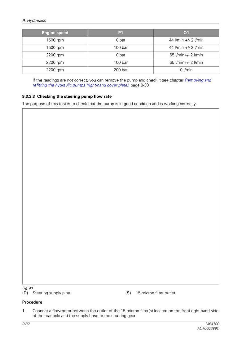May include: A technical diagram from a manual, detailing hydraulic system checks. It includes a table with engine speed, pressure, and flow rate data. Instructions are provided for checking the steering pump flow rate, with component labels and a procedure.