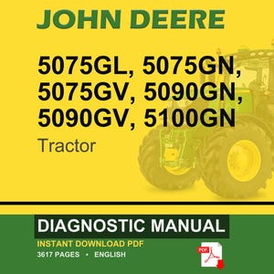 Może przedstawiać: Ciągnik John Deere na ż&oacute;łtym tle. Obraz zawiera tekst "JOHN DEERE" w kolorze zielonym, wraz z numerami modeli ciągnik&oacute;w. Poniżej wyświetlany jest tekst "DIAGNOSTIC MANUAL".