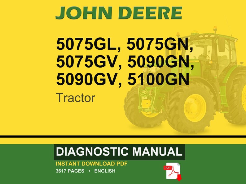 Może przedstawiać: Ciągnik John Deere na ż&oacute;łtym tle. Obraz zawiera tekst "JOHN DEERE" w kolorze zielonym, wraz z numerami modeli ciągnik&oacute;w. Poniżej wyświetlany jest tekst "DIAGNOSTIC MANUAL".