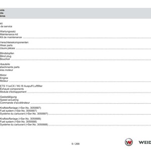 May include: A white and gray page from a manual with a table of contents in German, English, and French. The table lists service, wear parts, and engine components. The Weidemann logo is in the bottom right corner.