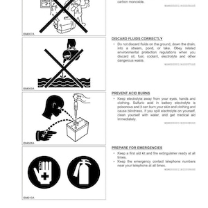 May include: A page of safety information with several black and white illustrations. The images depict warnings about airflow, fluid disposal, acid burns, and emergency preparedness, including a first aid kit and fire extinguisher.