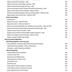 K&ouml;nnte beinhalten: Ein detailliertes Inhaltsverzeichnis aus einem Handbuch mit verschiedenen Reparaturverfahren und Diagnosetests. Der Text enth&auml;lt Abschnitte zu elektrischen Systemen, Schaltpl&auml;nen und Lichtdiagnostik, mit Seitenzahlen auf der rechten Seite.