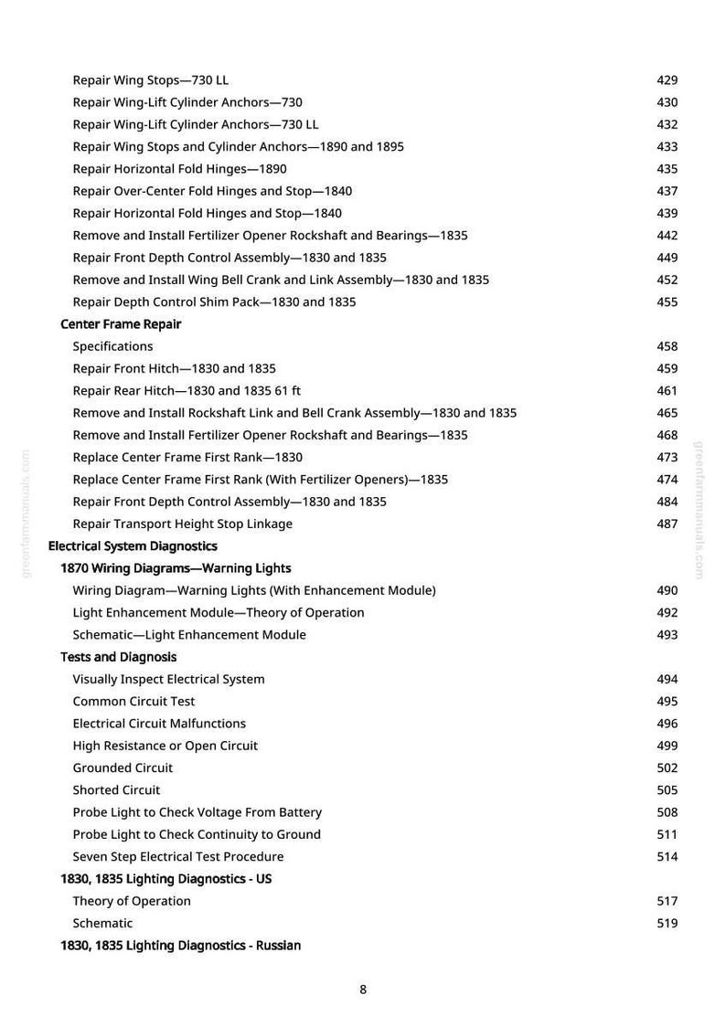 K&ouml;nnte beinhalten: Ein detailliertes Inhaltsverzeichnis aus einem Handbuch mit verschiedenen Reparaturverfahren und Diagnosetests. Der Text enth&auml;lt Abschnitte zu elektrischen Systemen, Schaltpl&auml;nen und Lichtdiagnostik, mit Seitenzahlen auf der rechten Seite.