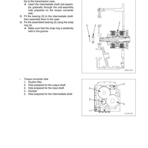 Pu&ograve; includere: Schema di un gruppo di trasmissione con etichette e istruzioni. Include illustrazioni dettagliate di componenti come l'albero intermedio, il cuscinetto e l'anello di sicurezza. Il testo include "SMONTAGGIO E MONTAGGIO" e "TRASMISSIONE TORQFLOW".