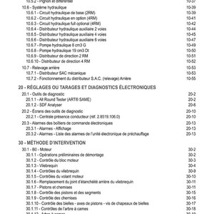 Pode incluir: Uma tabela de conte&uacute;dos em franc&ecirc;s de um manual t&eacute;cnico, detalhando procedimentos de diagn&oacute;stico mec&acirc;nico e eletr&ocirc;nico. Inclui sistemas hidr&aacute;ulicos, interven&ccedil;&otilde;es no motor e diagn&oacute;sticos eletr&ocirc;nicos.