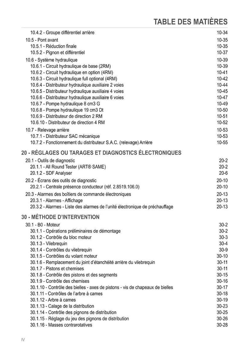 Pode incluir: Uma tabela de conte&uacute;dos em franc&ecirc;s de um manual t&eacute;cnico, detalhando procedimentos de diagn&oacute;stico mec&acirc;nico e eletr&ocirc;nico. Inclui sistemas hidr&aacute;ulicos, interven&ccedil;&otilde;es no motor e diagn&oacute;sticos eletr&ocirc;nicos.