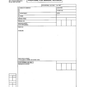 May include: A white document titled "PROPOSAL FOR MANUAL REVISION" from Komatsu America International Company. The form includes fields for company name, department, manual details, and a section for corrective action.