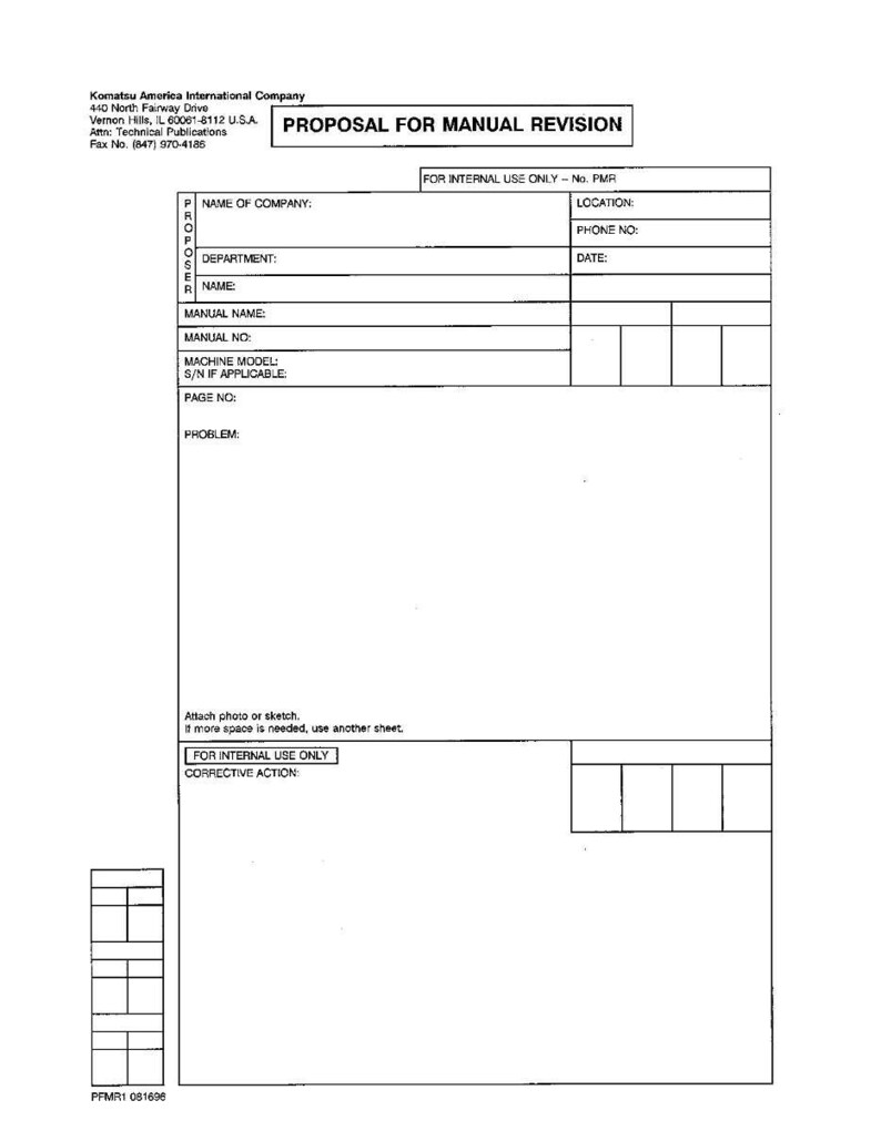 May include: A white document titled "PROPOSAL FOR MANUAL REVISION" from Komatsu America International Company. The form includes fields for company name, department, manual details, and a section for corrective action.
