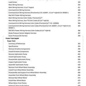 May include: A page from a manual with a table of contents. The text lists various wiring harnesses, connectors, and repair procedures for a power train and steering system. The page numbers are listed on the right.