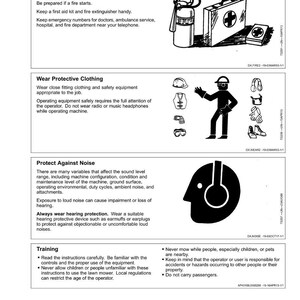 May include: A safety guide with illustrations and text. The top section shows a fire extinguisher and first aid kit. The middle section depicts a person wearing safety gear. The bottom section features a graphic of a person's head with headphones.