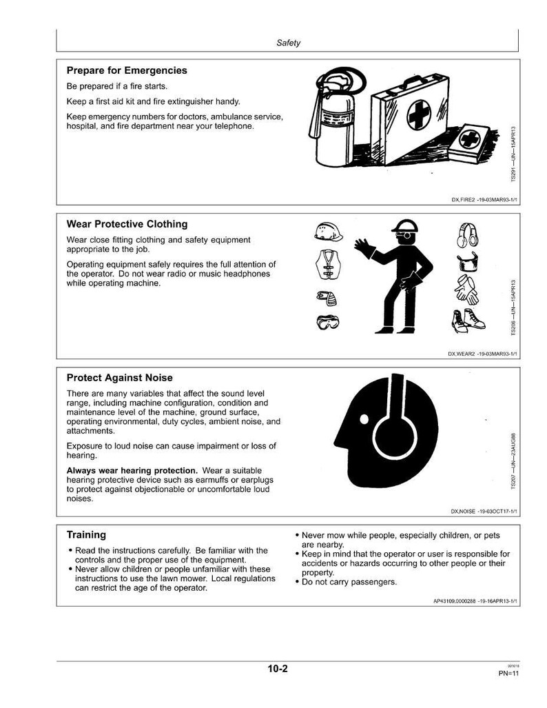 May include: A safety guide with illustrations and text. The top section shows a fire extinguisher and first aid kit. The middle section depicts a person wearing safety gear. The bottom section features a graphic of a person's head with headphones.
