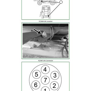 K&ouml;nnte beinhalten: Technische Diagramme, die einen M&auml;hdrescher, einen Stecker und einen 7-poligen Rundstecker zeigen. Die Diagramme sind mit Texten wie "YC2464-UN: Location", "YC2467-UN: Connector" und "YC2227-UN: Section drawing" beschriftet.
