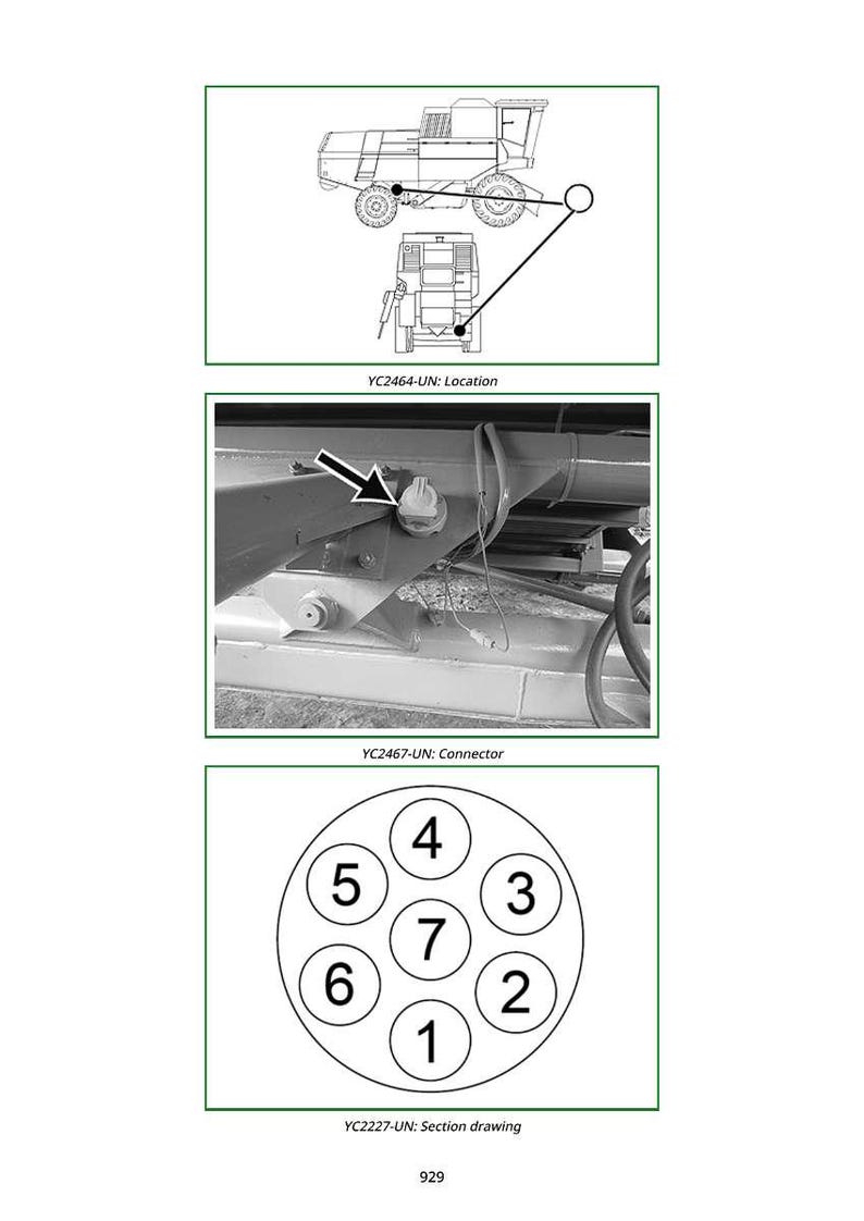 K&ouml;nnte beinhalten: Technische Diagramme, die einen M&auml;hdrescher, einen Stecker und einen 7-poligen Rundstecker zeigen. Die Diagramme sind mit Texten wie "YC2464-UN: Location", "YC2467-UN: Connector" und "YC2227-UN: Section drawing" beschriftet.