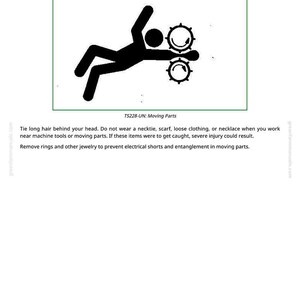 Op de afbeelding: Veiligheidsteken met de tekst "Service Machines Safely". De afbeelding toont een zwart silhouet van een persoon die gevangen zit in bewegende tandwielen. De tekst "TS228-UN: Moving Parts" is ook aanwezig.