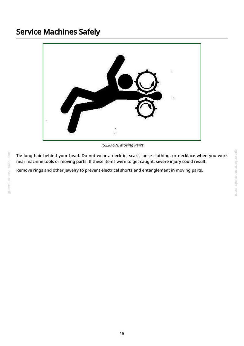 Op de afbeelding: Veiligheidsteken met de tekst "Service Machines Safely". De afbeelding toont een zwart silhouet van een persoon die gevangen zit in bewegende tandwielen. De tekst "TS228-UN: Moving Parts" is ook aanwezig.