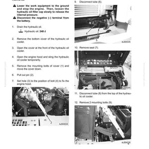May include: Diagram illustrating the removal and installation of a hydraulic oil cooler assembly. The image features numbered steps with accompanying illustrations, detailing procedures like removing bolts and disconnecting tubes. Text provides instructions and part numbers.