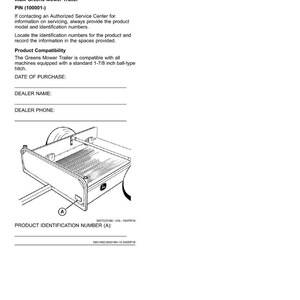 Puede incluir: Documento de identificaci&oacute;n del producto para un remolque de cortac&eacute;sped Walk Greens. El documento incluye un diagrama del remolque, junto con campos para registrar los n&uacute;meros de identificaci&oacute;n, la fecha de compra, el nombre del distribuidor y el tel&eacute;fono del distribuidor. El remolque es compatible con un enganche de bola de 4,76 cm.