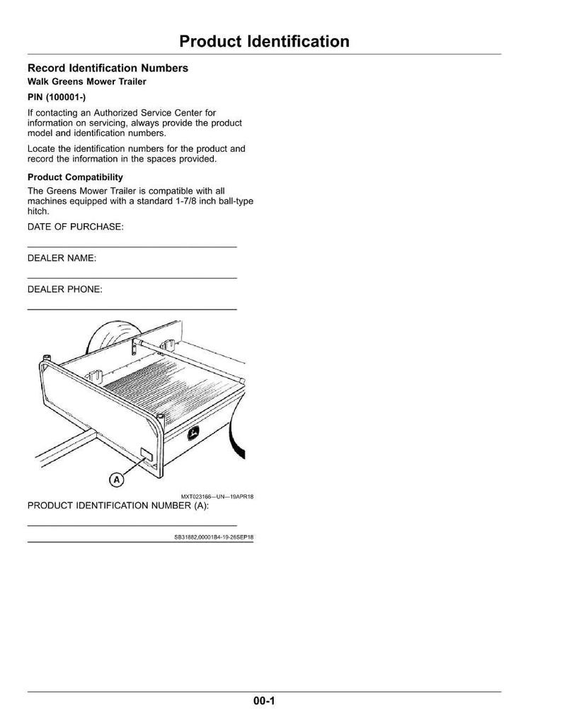 Puede incluir: Documento de identificaci&oacute;n del producto para un remolque de cortac&eacute;sped Walk Greens. El documento incluye un diagrama del remolque, junto con campos para registrar los n&uacute;meros de identificaci&oacute;n, la fecha de compra, el nombre del distribuidor y el tel&eacute;fono del distribuidor. El remolque es compatible con un enganche de bola de 4,76 cm.