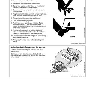May include: A safety manual page with the title "Safety" and instructions for operating machinery safely. Includes diagrams of hands and machinery, and warnings about potential hazards. The page also includes the text "Maintain a Safety Area Around the Machine."