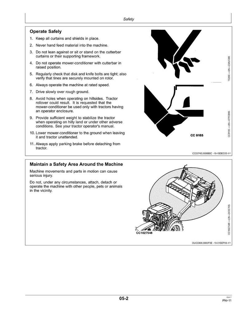May include: A safety manual page with the title "Safety" and instructions for operating machinery safely. Includes diagrams of hands and machinery, and warnings about potential hazards. The page also includes the text "Maintain a Safety Area Around the Machine."