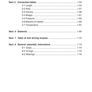 May include: A white and black printed page from a manual. The page includes the title "INTRODUCTION" and "CHAP.1". It lists conversion tables, sealants, bolt driving torques, and general assembly instructions. Page numbers are on the right.
