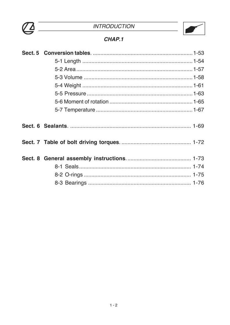 May include: A white and black printed page from a manual. The page includes the title "INTRODUCTION" and "CHAP.1". It lists conversion tables, sealants, bolt driving torques, and general assembly instructions. Page numbers are on the right.