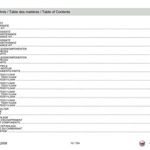 May include: A detailed table of contents in English, French, and German, listing maintenance kits, wear parts, engine attachments, and fuel systems. The document includes page numbers and a company logo.