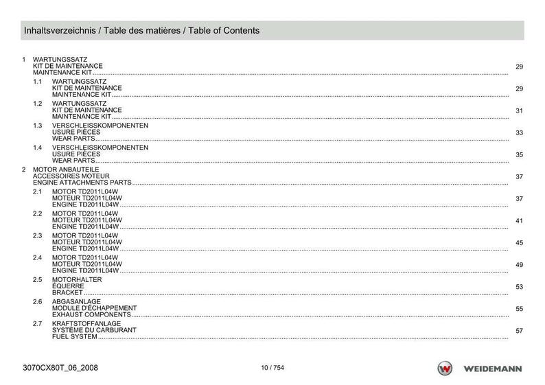 May include: A detailed table of contents in English, French, and German, listing maintenance kits, wear parts, engine attachments, and fuel systems. The document includes page numbers and a company logo.