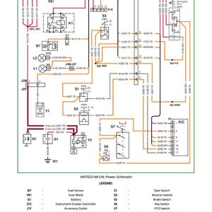 May include: A detailed power schematic diagram with various electrical components and wiring. The diagram includes labels for fuses, relays, and other parts, with color-coded wires and text annotations. The legend provides component names.