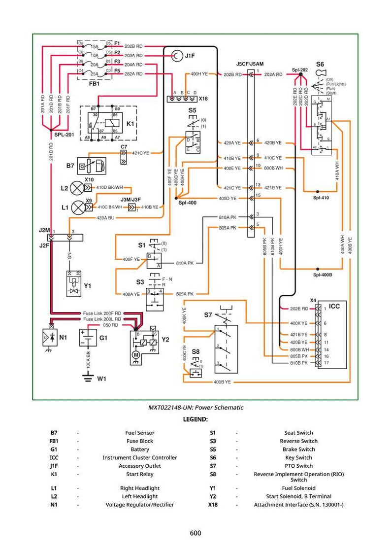 May include: A detailed power schematic diagram with various electrical components and wiring. The diagram includes labels for fuses, relays, and other parts, with color-coded wires and text annotations. The legend provides component names.