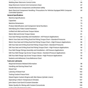 May include: A detailed contents page from a manual, listing technical topics in black text on a white background. Subjects include engine maintenance, fluid disposal, and safety procedures.
