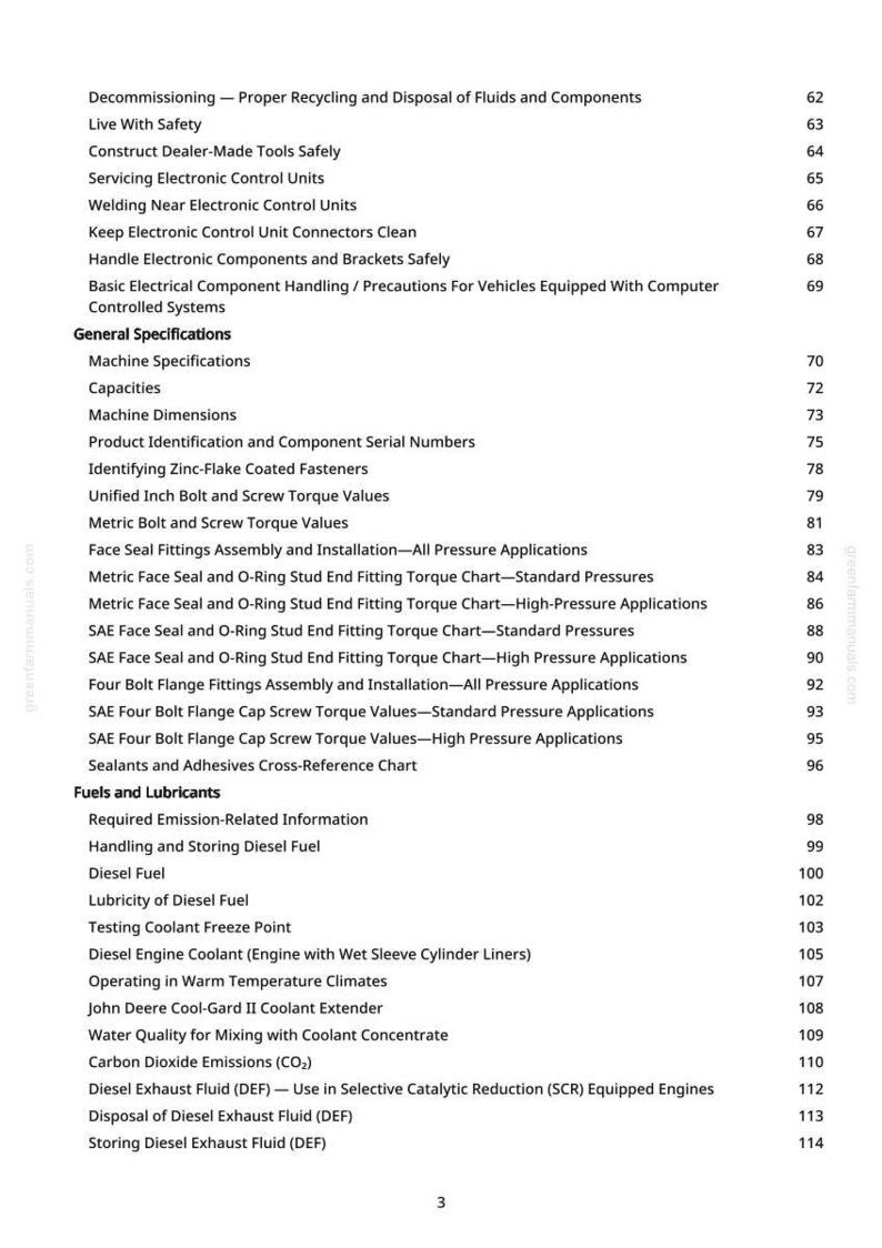 May include: A detailed contents page from a manual, listing technical topics in black text on a white background. Subjects include engine maintenance, fluid disposal, and safety procedures.