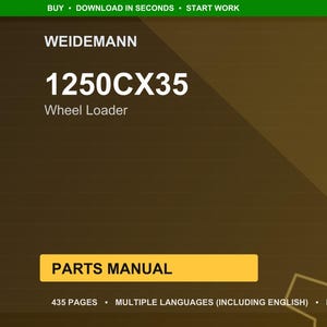 Peut inclure: Couverture d'un document num&eacute;rique avec le texte "WEIDEMANN 1250CX35 Wheel Loader". La couverture est marron fonc&eacute; avec un rectangle jaune indiquant "PARTS MANUAL". Le document compte 435 pages et est disponible en plusieurs langues.