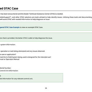 May include: A white document titled "Well Prepared DTAC Case" with green highlighted sections. The document provides instructions for preparing a DTAC case, including issue overview and system information. Text includes "Service ADVISOR" and "StellarSupport".