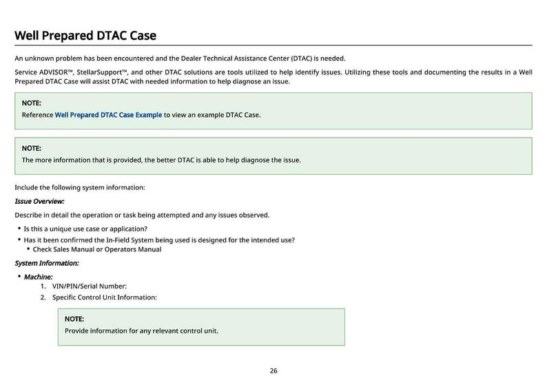 May include: A white document titled "Well Prepared DTAC Case" with green highlighted sections. The document provides instructions for preparing a DTAC case, including issue overview and system information. Text includes "Service ADVISOR" and "StellarSupport".