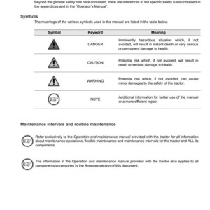 May include: A page from a tractor maintenance manual. The manual includes safety symbols with keywords like "Danger," "Caution," and "Warning." It also details maintenance intervals and routine procedures. The manual's title is "Introduction."