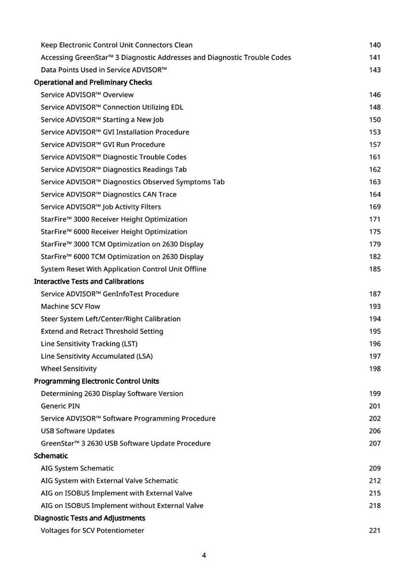May include: A white document page with a detailed table of contents. The text includes headings like "Operational and Preliminary Checks" and "Programming Electronic Control Units", along with page numbers.